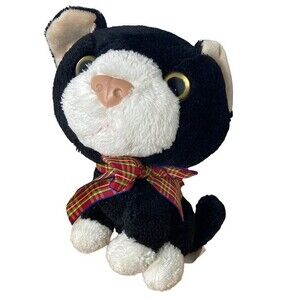 Chosun Vintage Black & White Big Head Plush Cat with Plaid Bow Rare HTF 9.5 in